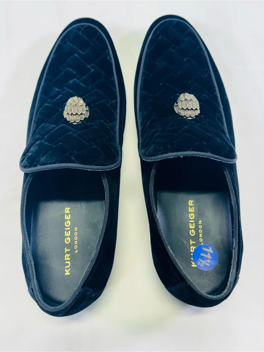 Kurt Geiger Black Velvet Slip-On Loafers with Gold Bird Emblem